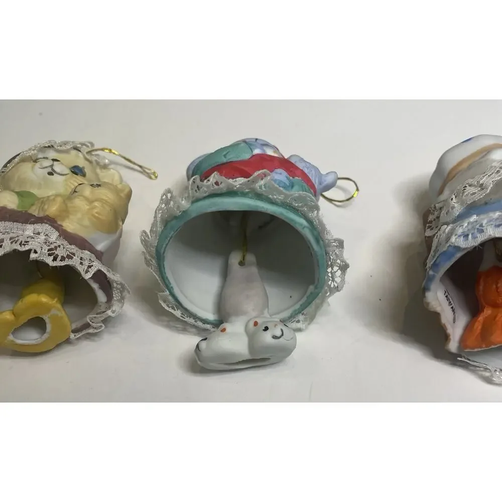 JASCO CARING CRITTER CHIMERS (5) Bisque Porcelain Bell Hand Painted Ornament VTG